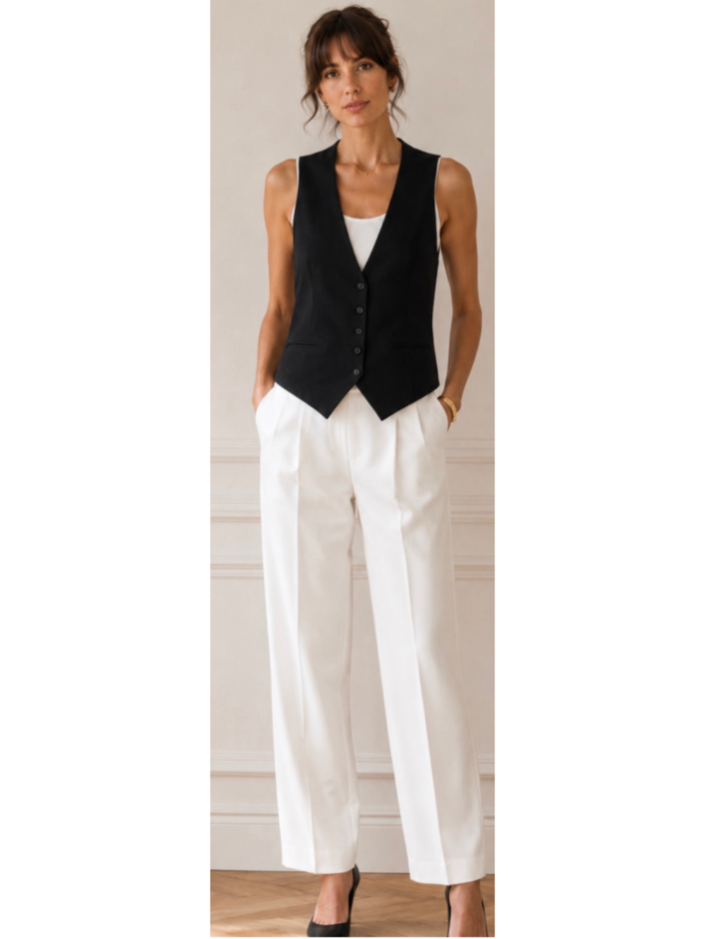 Women's Yves Saint Laurent Rive Gauche Pinstripe Vest, Black/White, Size 54IT/M